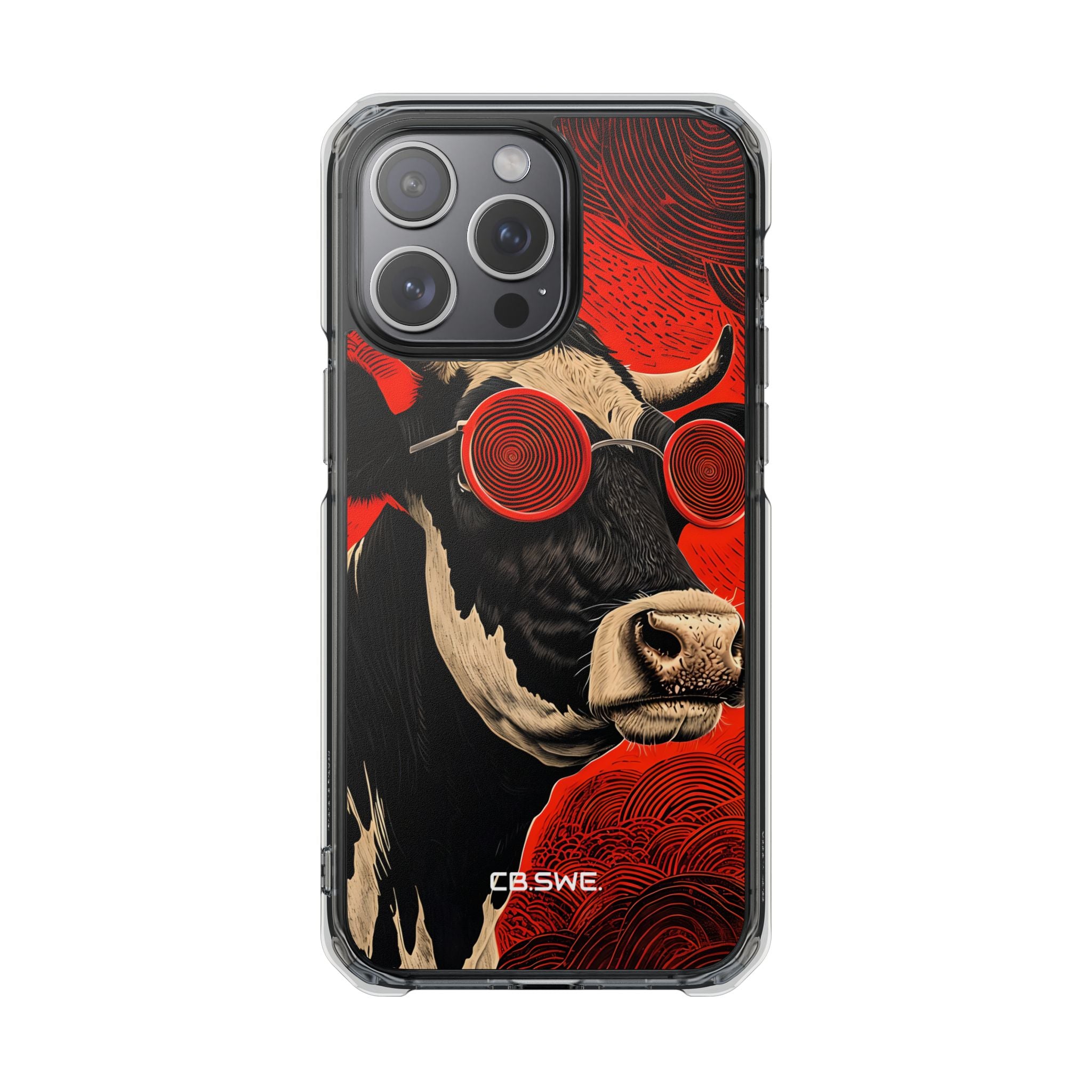 Surreal Black White Cow Red Spiral Sunglasses iPhone 15 - Impact Clear+