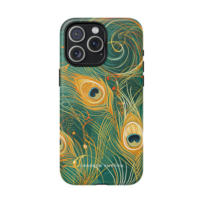 Peacock Elegance in Teal and Gold iPhone 15 | Tough+ Phone Case