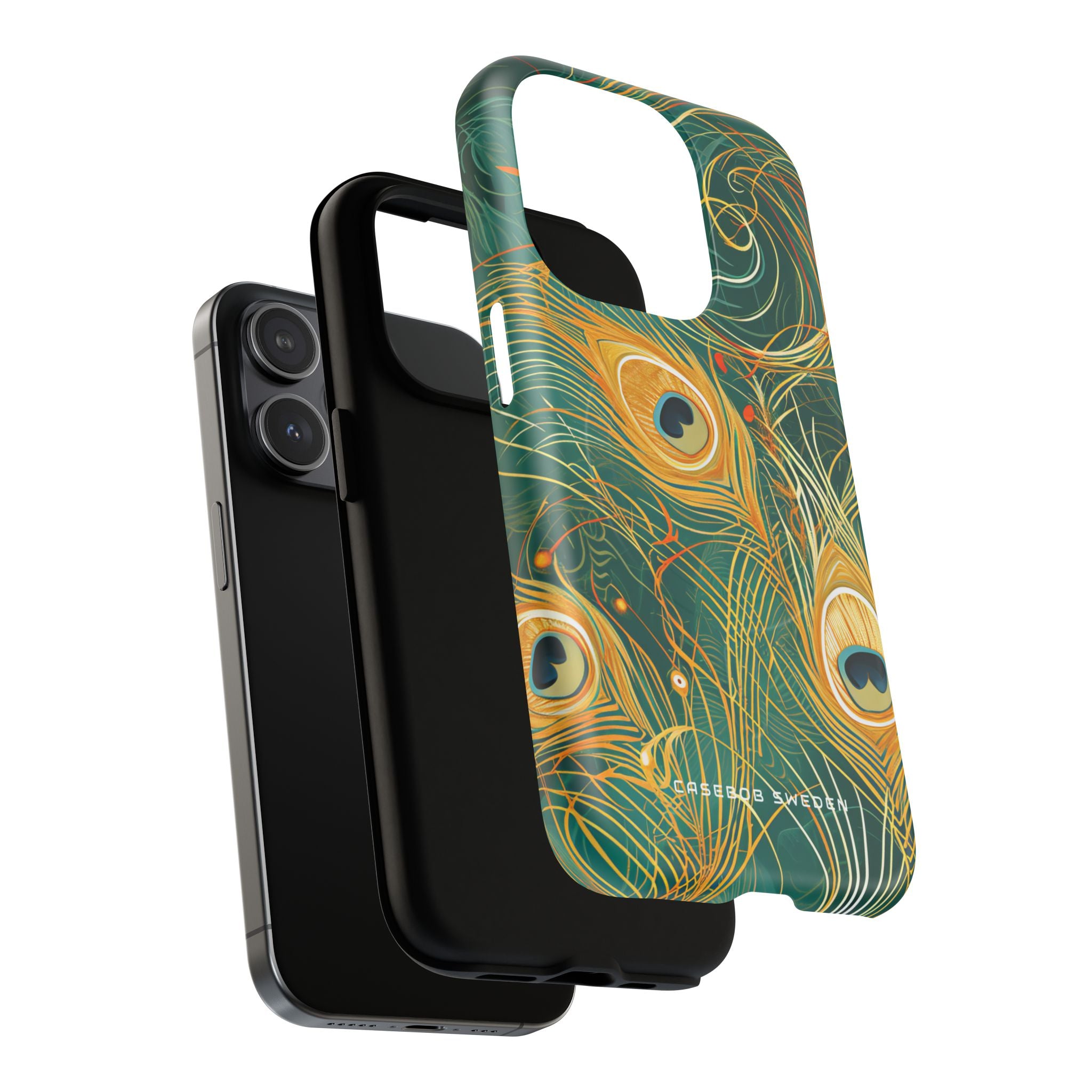 Peacock Elegance in Teal and Gold iPhone 15 | Tough+ Phone Case