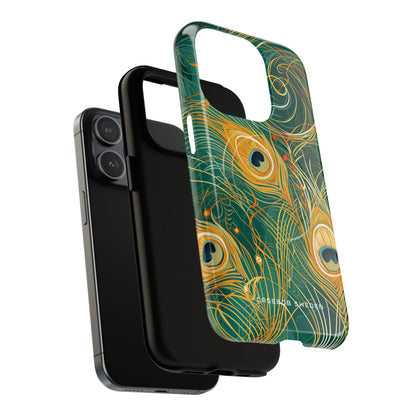 Peacock Elegance in Teal and Gold iPhone 15 | Tough+ Phone Case