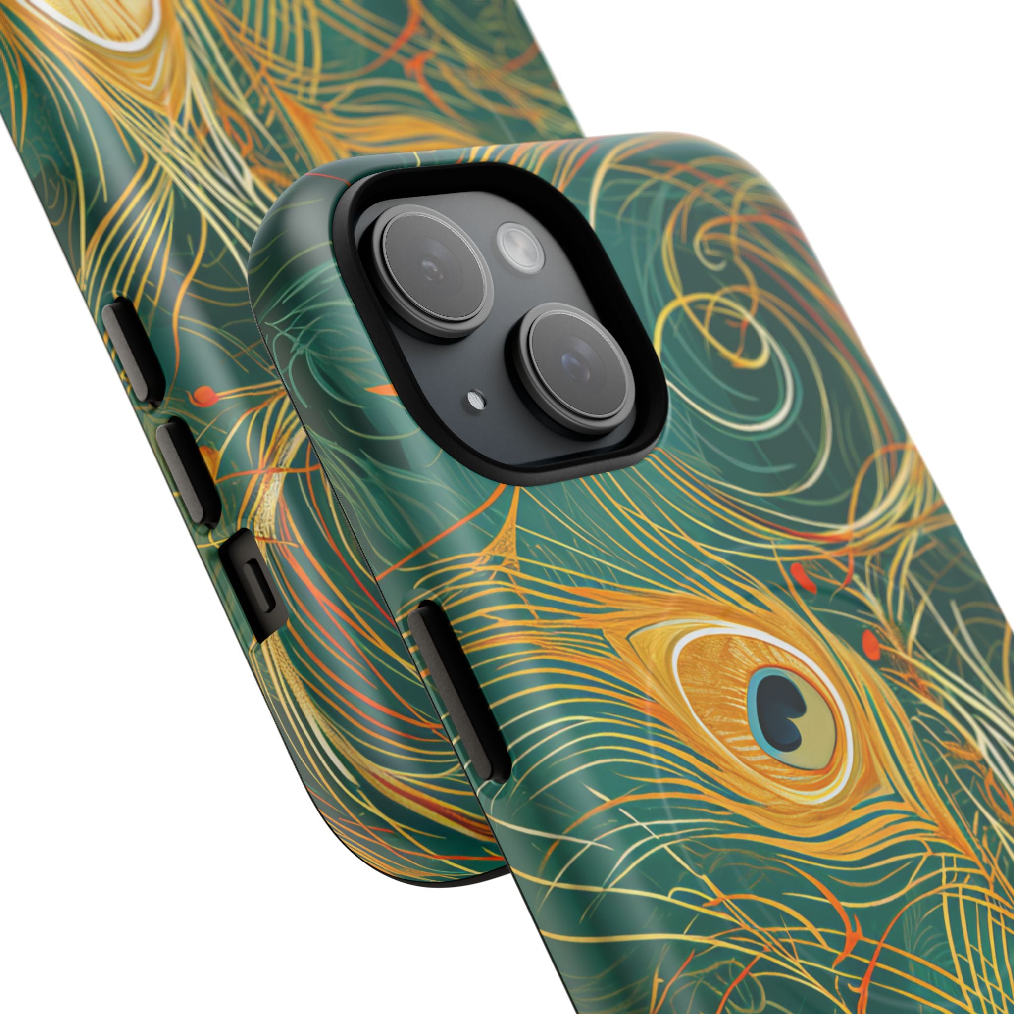 Peacock Elegance in Teal and Gold iPhone 15 | Tough+ Phone Case