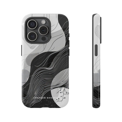 Fluid Rhythms: Monochrome Line Flow iPhone 15 - Tough Phone Case