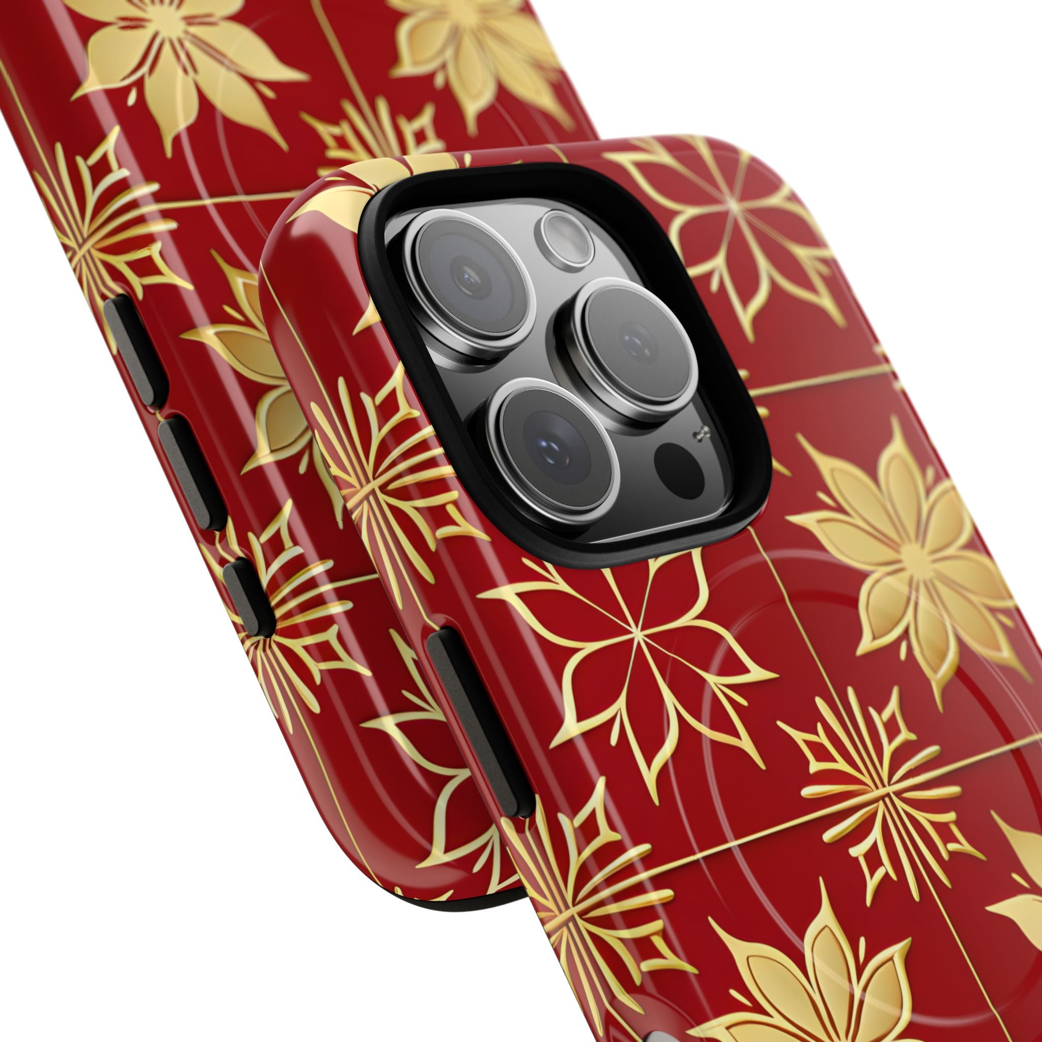 Elegant Gold Floral Seamless Rich Red iPhone 16 - Tough+