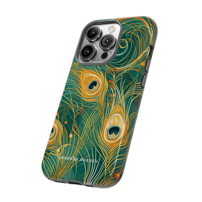 Peacock Elegance in Teal and Gold iPhone 14 - Tough Phone Case