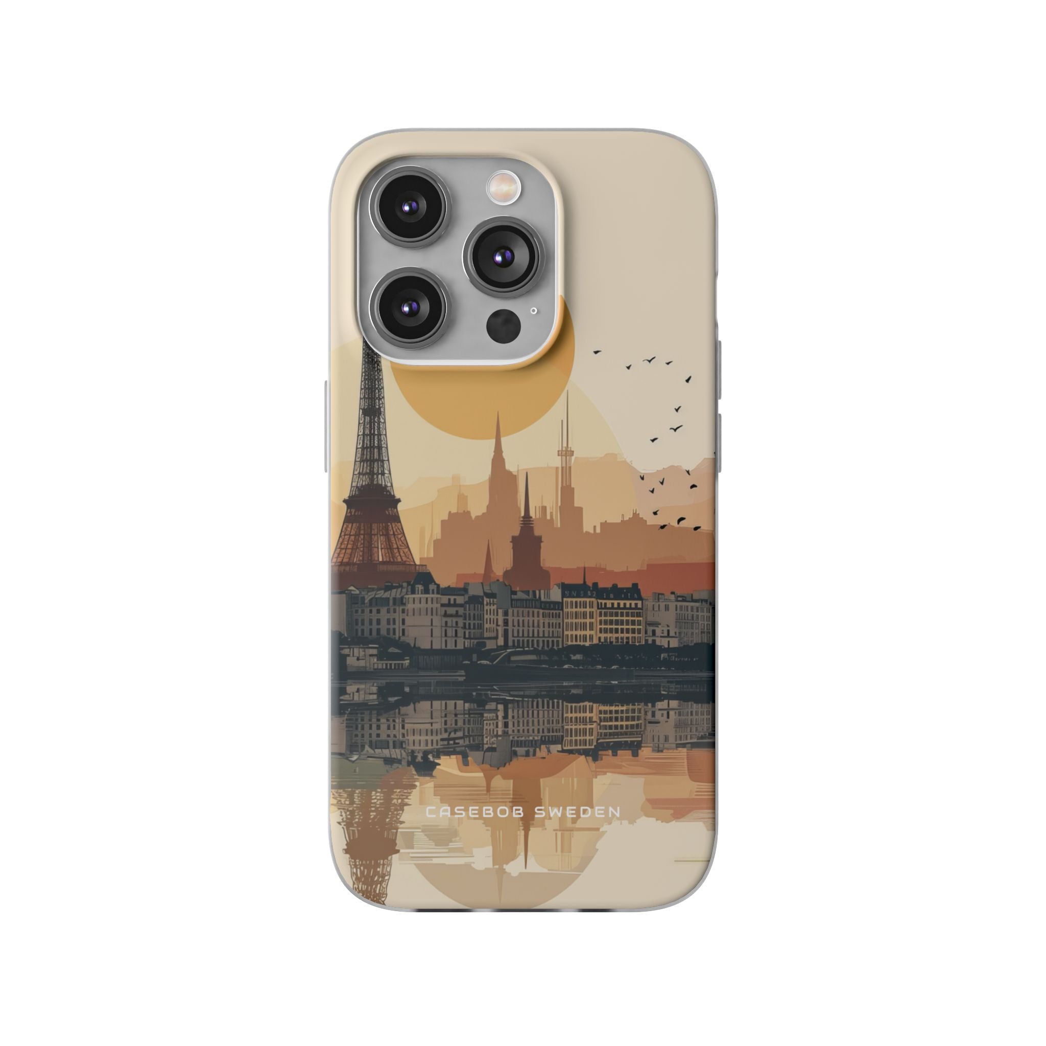 Eiffel Tower Silhouette with Birds and Sun Reflection iPhone 14 - Flexi Phone Case