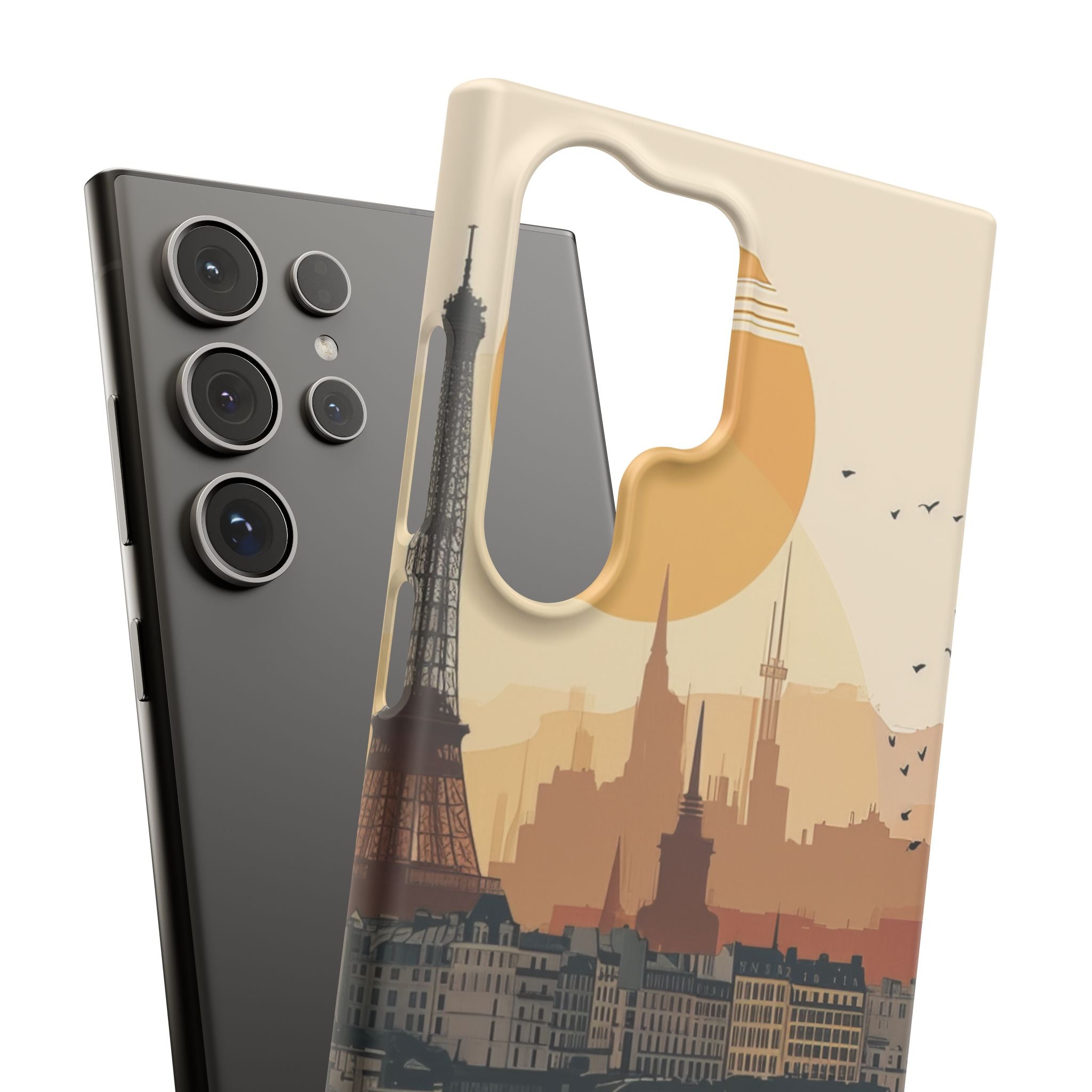 Eiffel Tower Silhouette with Birds and Sun Reflection Samsung S24 - Slim Phone Case