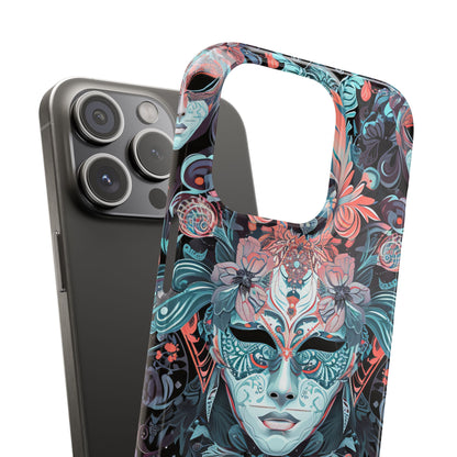 Mystic Teal Coral Mask - Slim iPhone 15 Phone Case