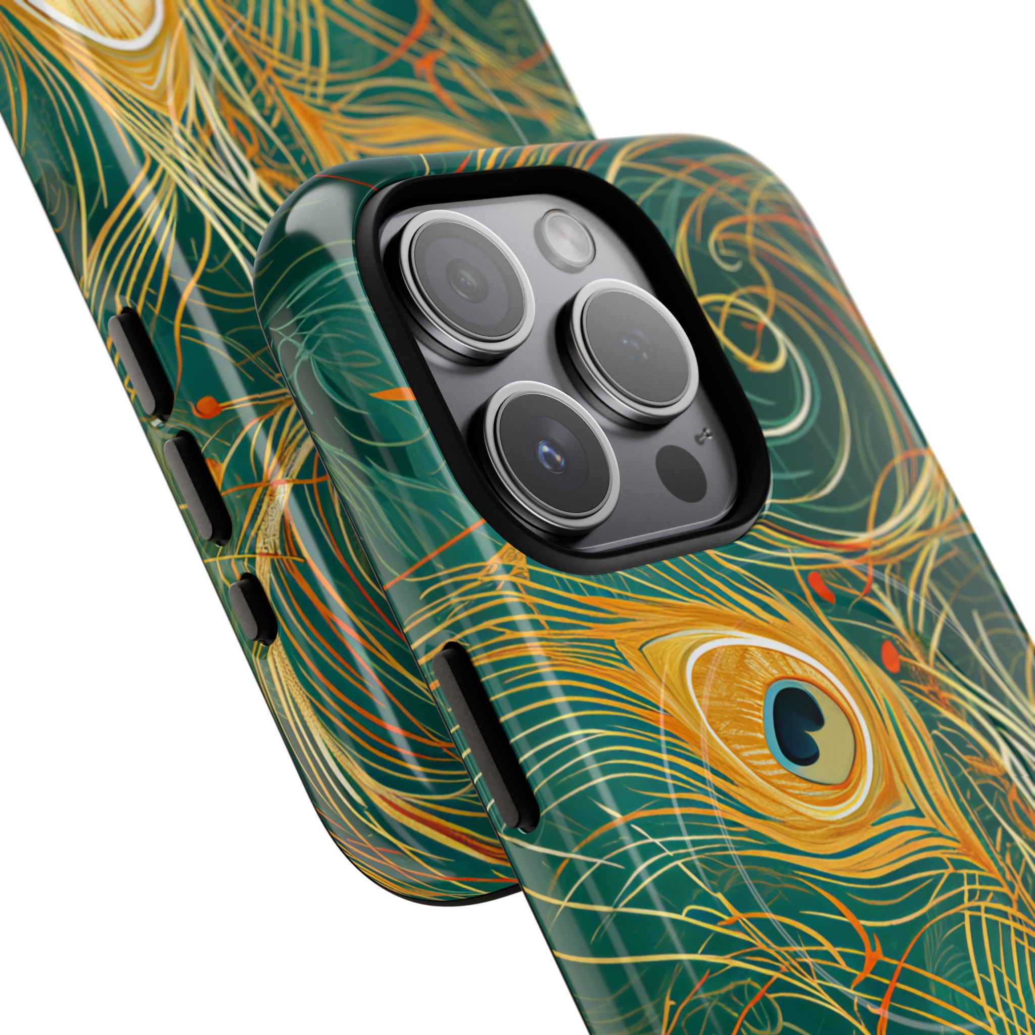 Peacock Elegance in Teal and Gold iPhone 15 | Tough+ Phone Case