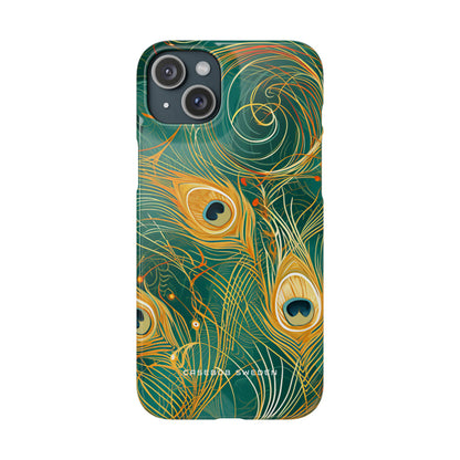 Peacock Elegance in Teal and Gold iPhone 15 - Slim Phone Case