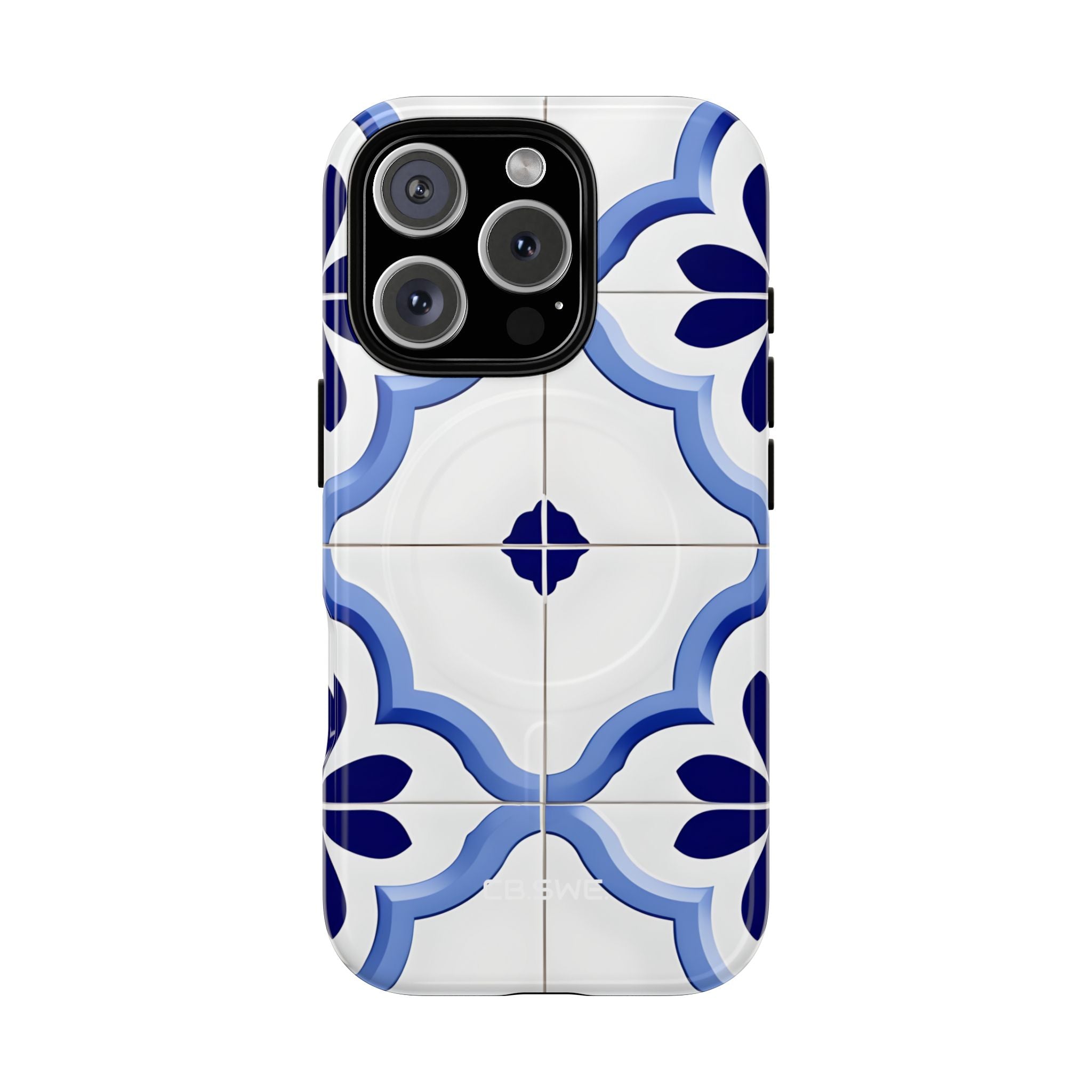 Elegant Blue Floral Geometric Tile iPhone 16 - Tough+