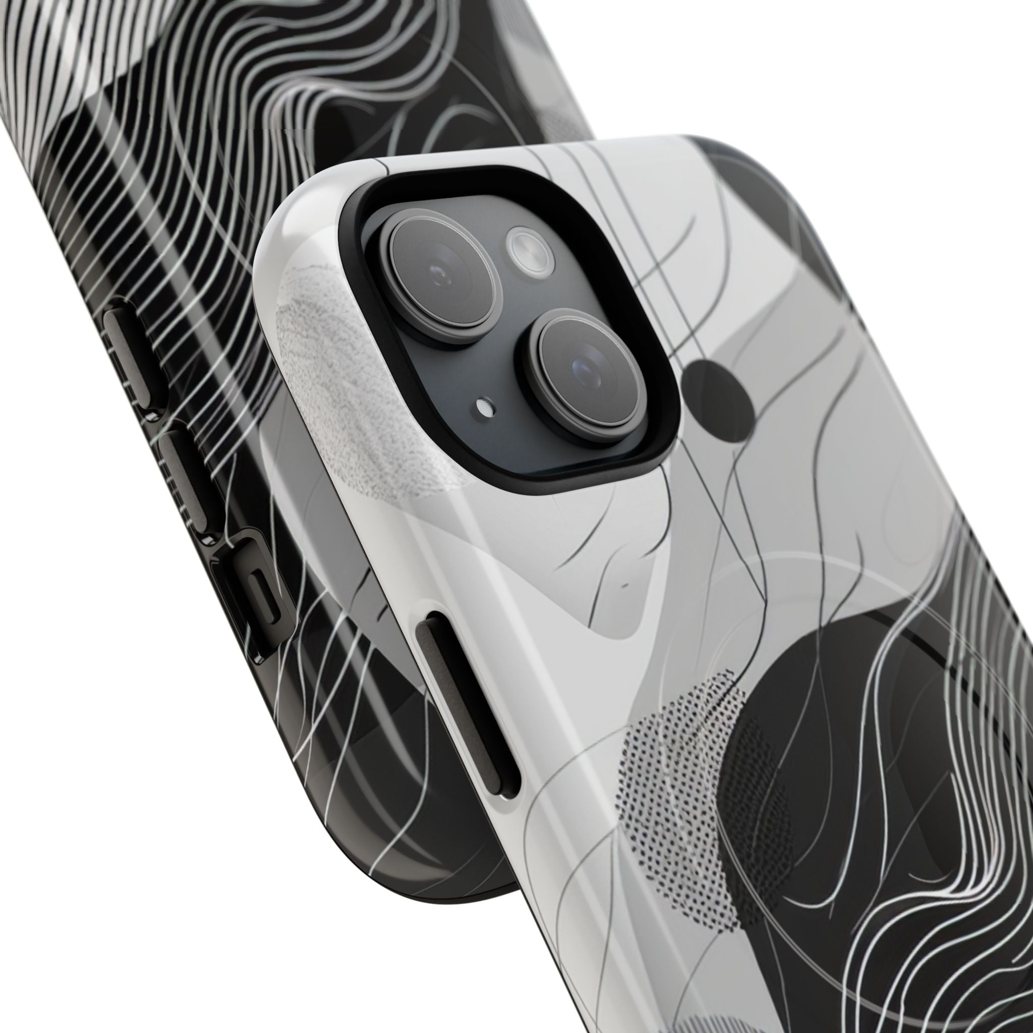 Fluid Rhythms: Monochrome Line Flow iPhone 15  Tough+ Phone Case