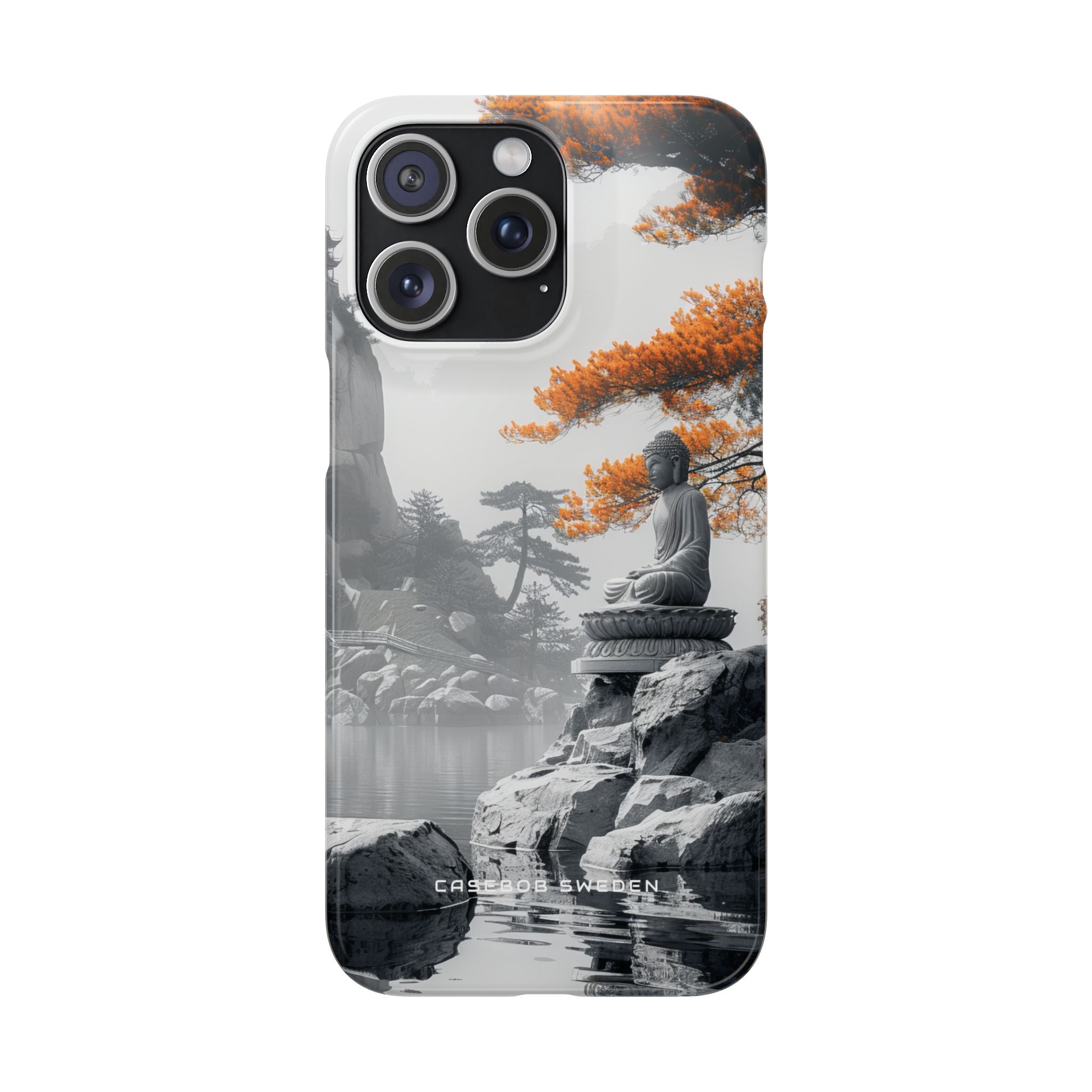 Zen Serenity: Tranquil Landscape with Buddha and Pagoda iPhone 15 - Slim Phone Case