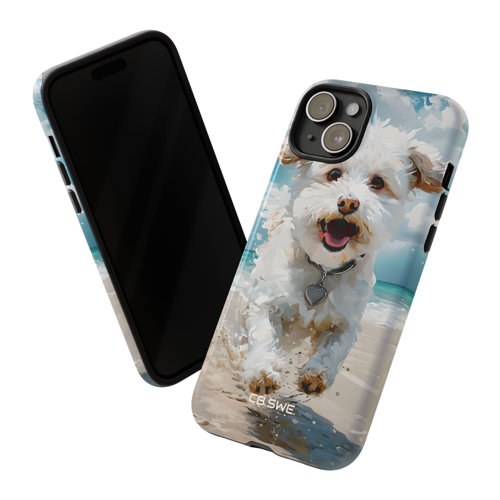 Joyful Fluffy Dog Running on Beach Impressionist Art iPhone 15 - Tough