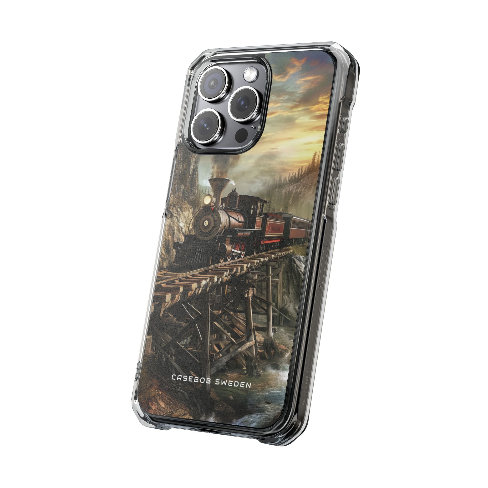 Vintage Steam Train Crossing Mountain Bridge iPhone 15 - Clear Impact Phone Case