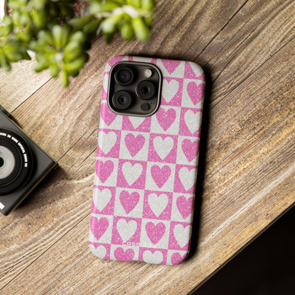 Glitter Heart Grid iPhone 15 Pro Max Case - Tough