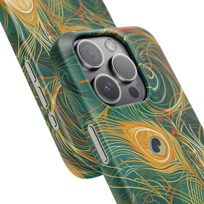 Peacock Elegance in Teal and Gold iPhone 15 - Slim Phone Case