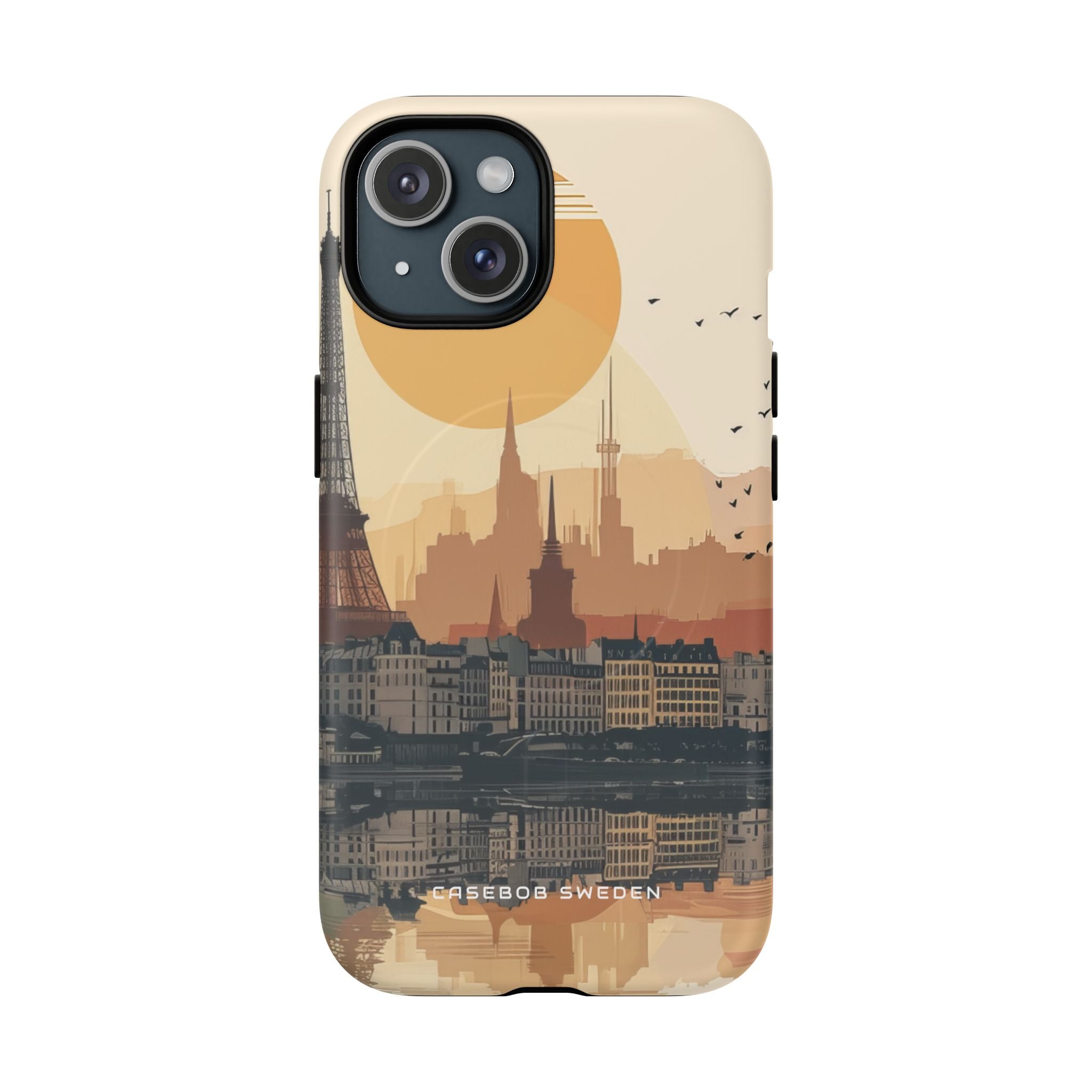 Eiffel Tower Silhouette with Birds and Sun Reflection iPhone 15 | Tough+ Phone Case