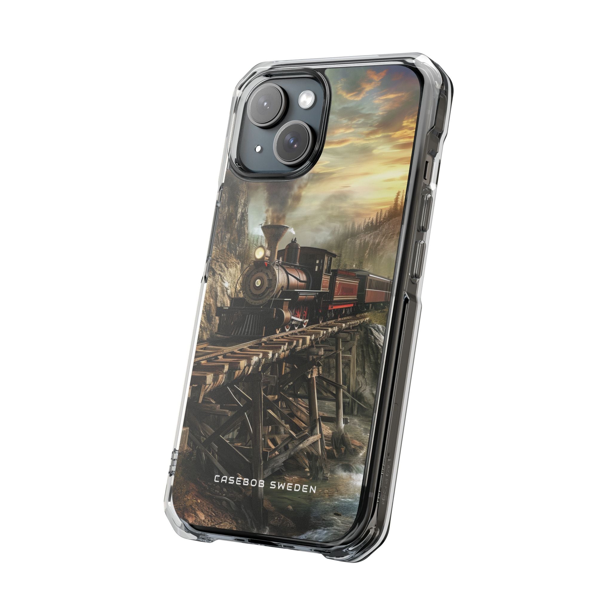 Vintage Steam Train Crossing Mountain Bridge iPhone 15 - Clear Impact Phone Case