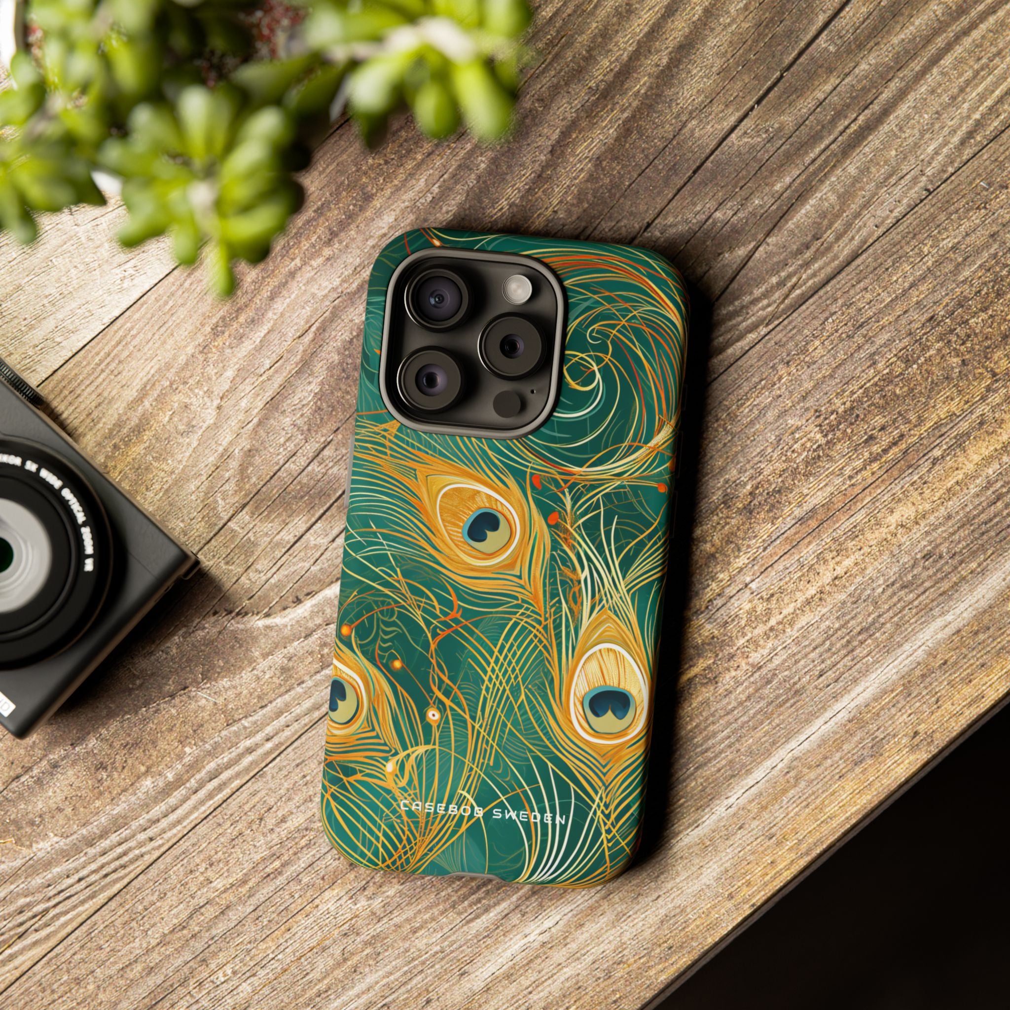 Peacock Elegance in Teal and Gold iPhone 15 - Tough Phone Case