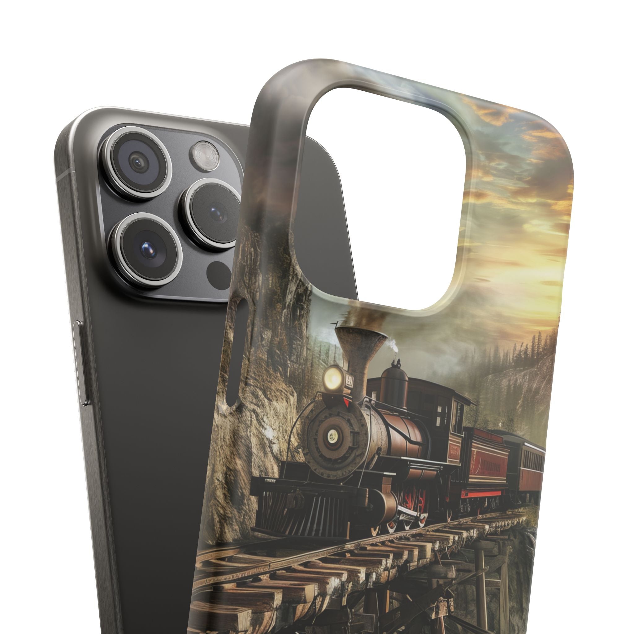 Vintage Steam Train Crossing Mountain Bridge iPhone 15 - Slim Phone Case