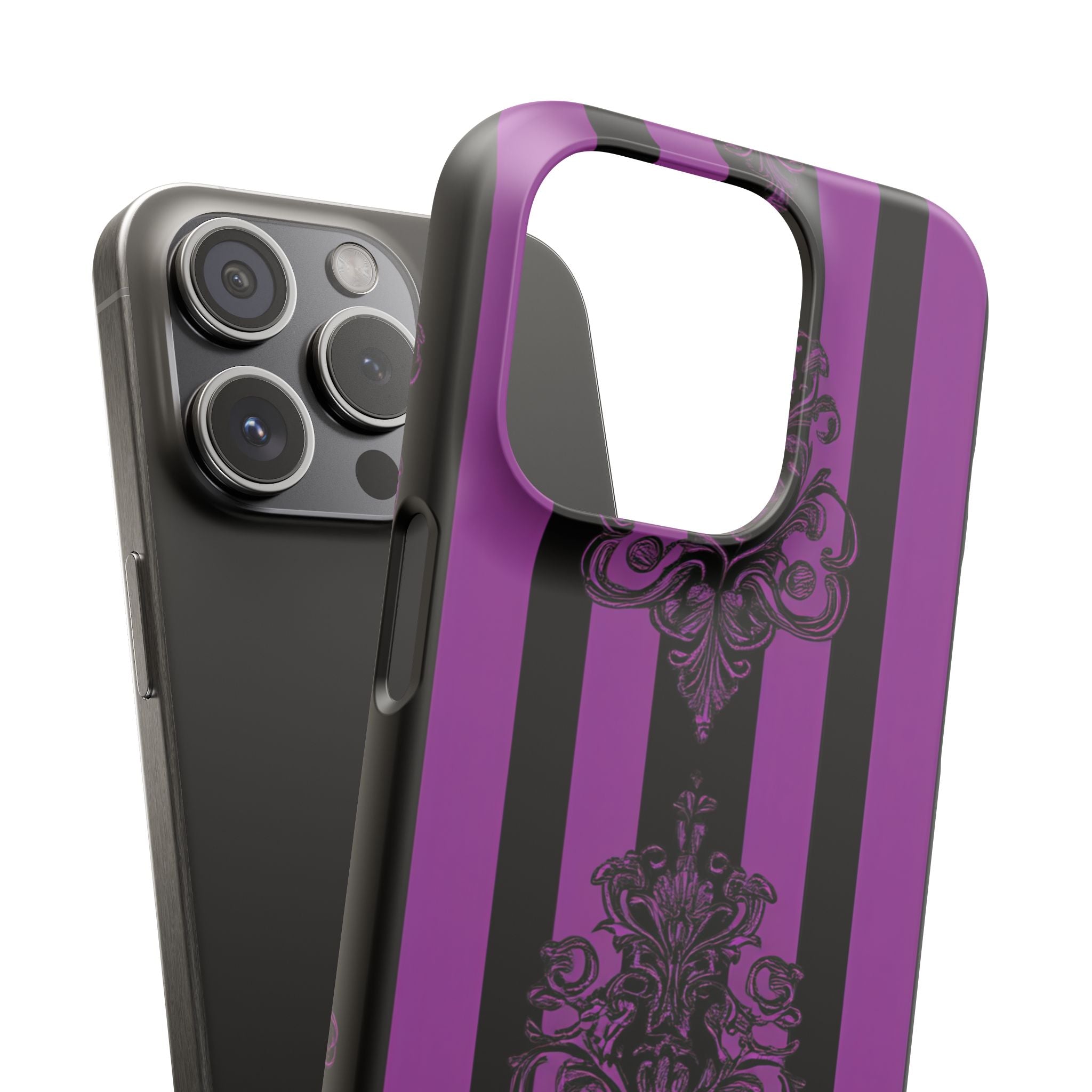 Gothic Elegance with Vertical Stripes and Ornamental Motifs iPhone 15 - Slim Phone Case