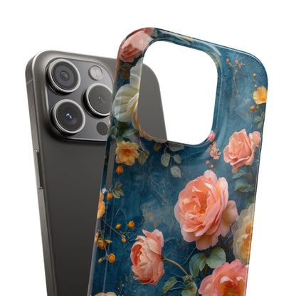 Blue Floral Elegance - Slim iPhone 15 Phone Case