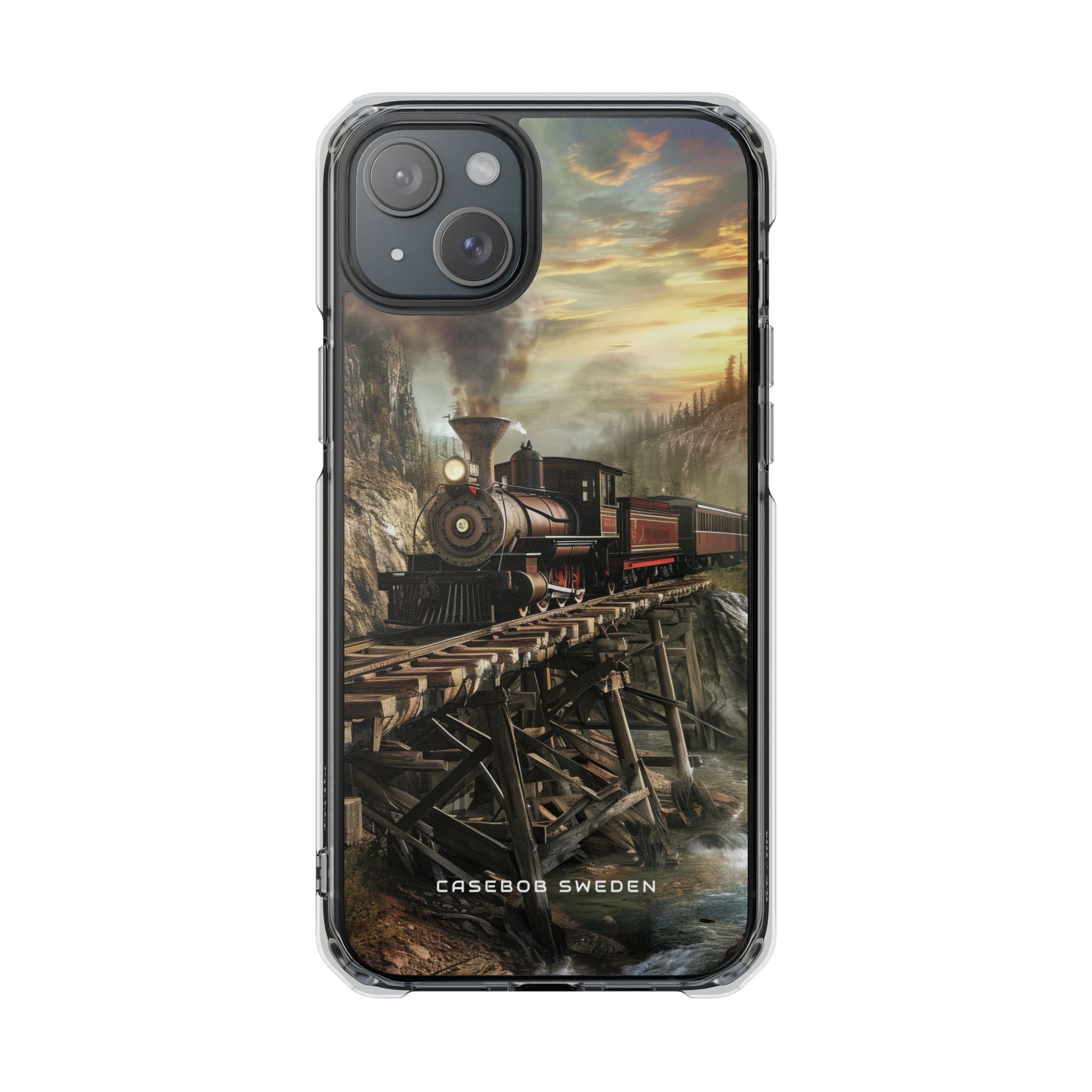 Vintage Steam Train Crossing Mountain Bridge iPhone 15 - Clear Impact Phone Case