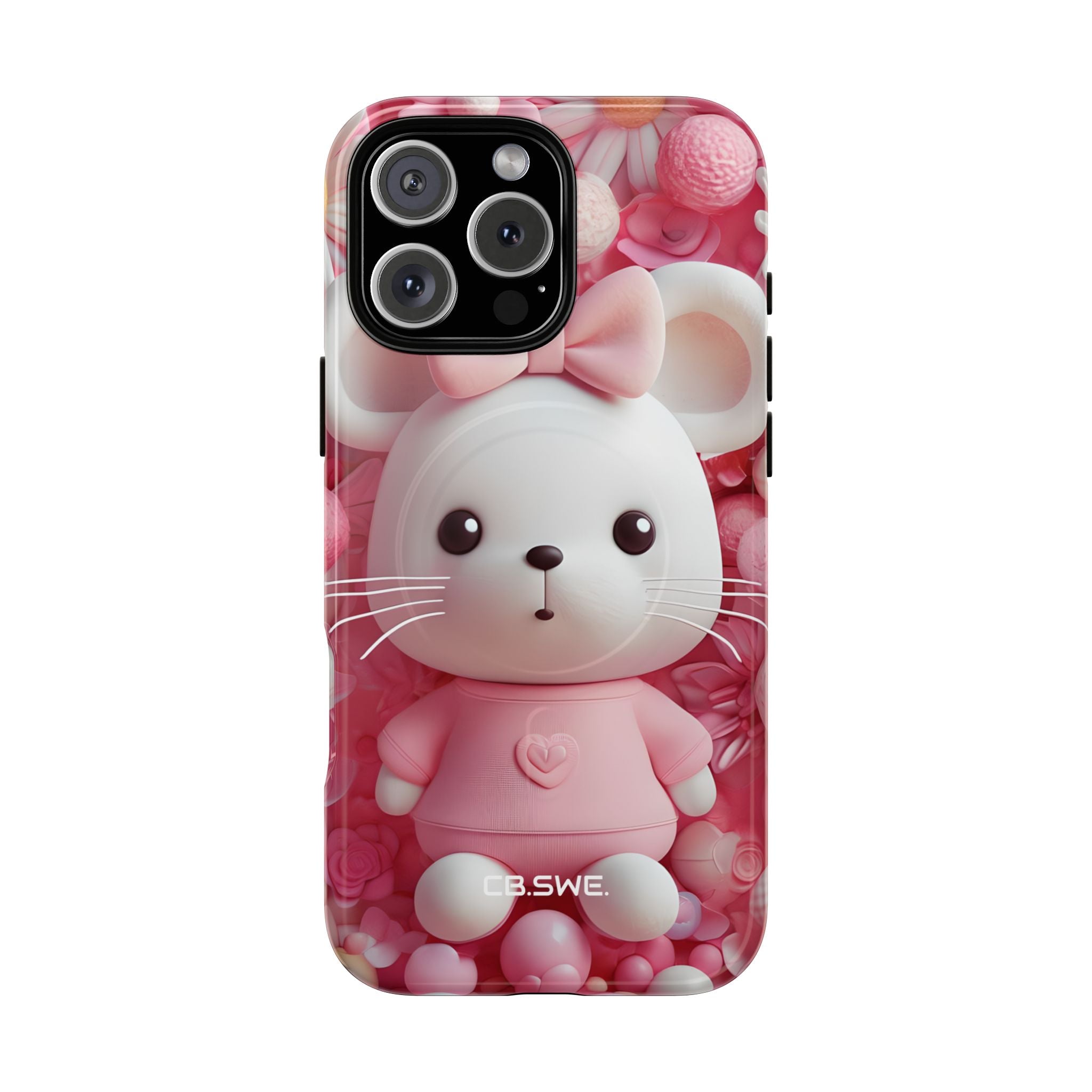 Adorable 3D Rendered White Mouse Plush Toy Floral iPhone 16 - Tough+