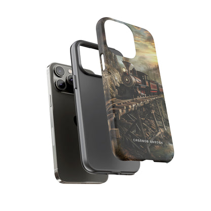 Vintage Steam Train Crossing Mountain Bridge iPhone 14 - Tough Phone Case