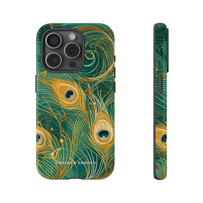 Peacock Elegance in Teal and Gold iPhone 15 - Tough Phone Case