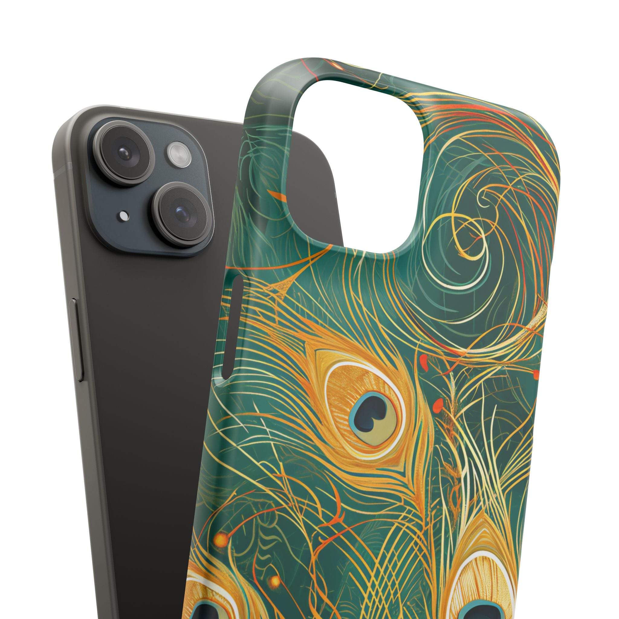 Peacock Elegance in Teal and Gold iPhone 15 - Slim Phone Case