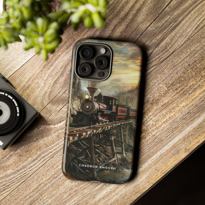 Vintage Steam Train Crossing Mountain Bridge iPhone 15 - Tough Phone Case