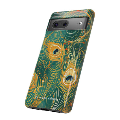 Peacock Elegance in Teal and Gold Google Pixel 7 - Tough Phone Case