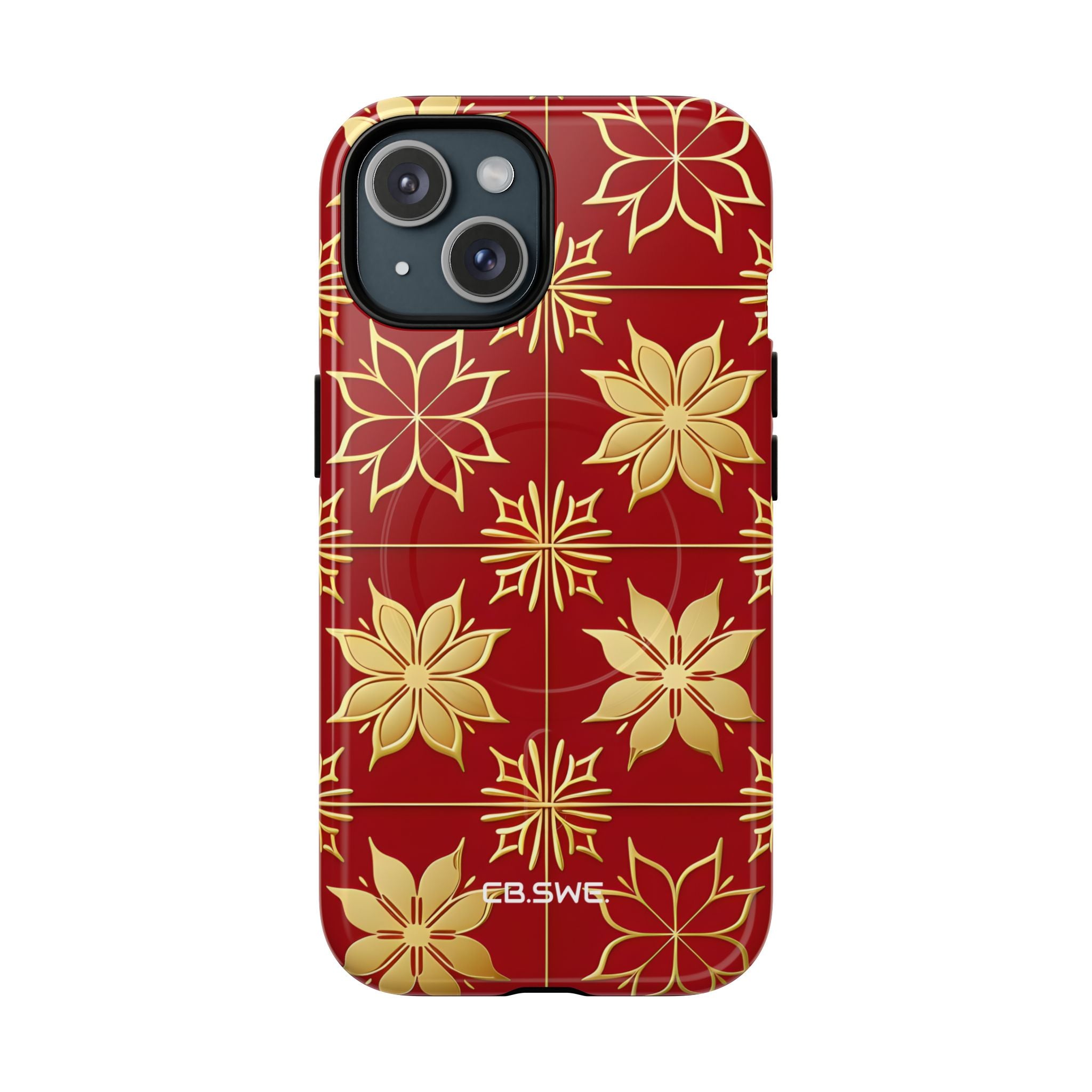 Elegantes Gold Floral Seamless Rich Red iPhone 15 - Tough+