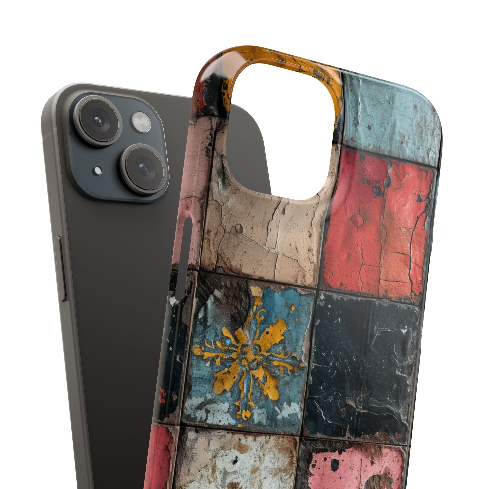 Rustic Red-Yellow Vintage Tiles - Slim iPhone 15 Phone Case