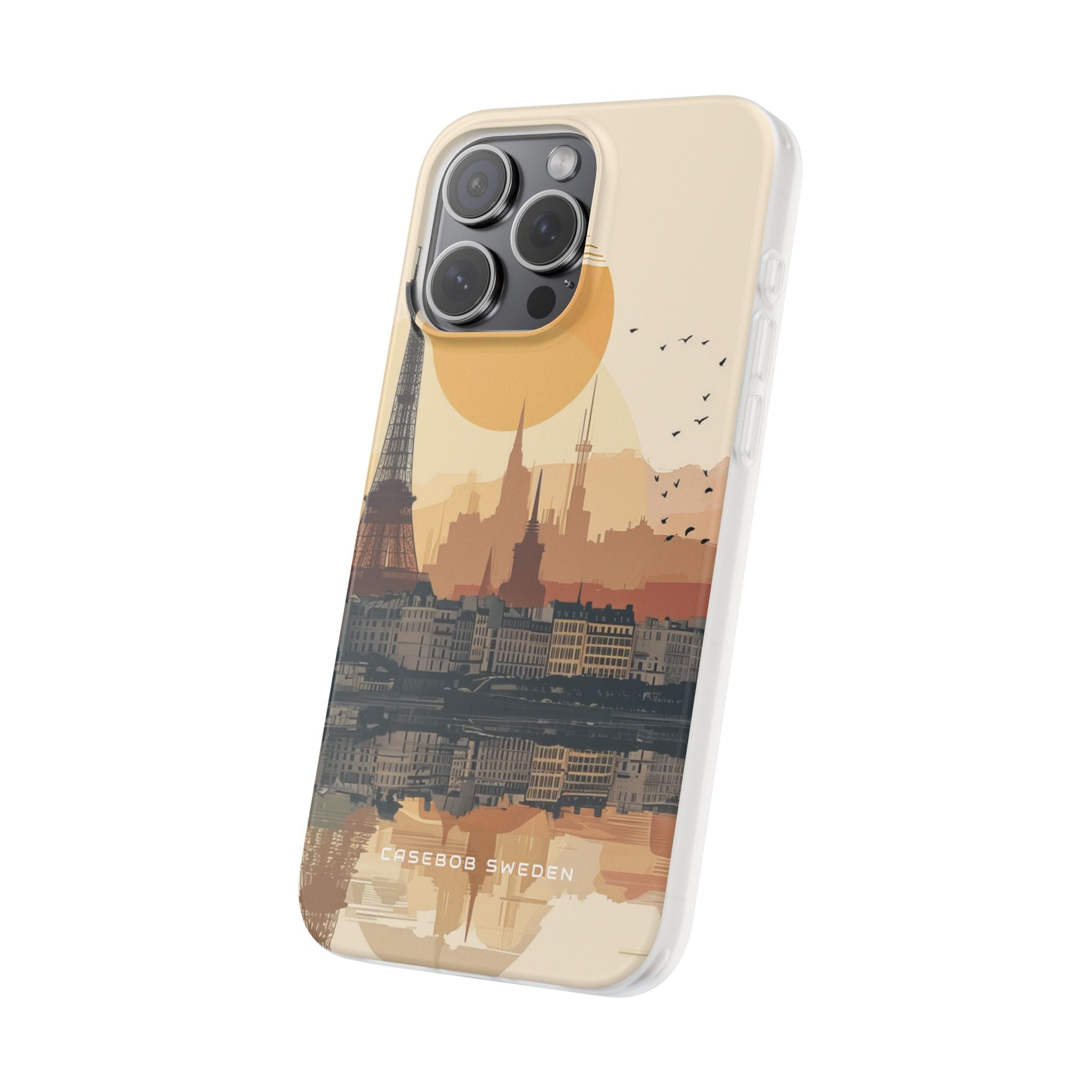 Eiffel Tower Silhouette with Birds and Sun Reflection iPhone 15 - Flexi Phone Case