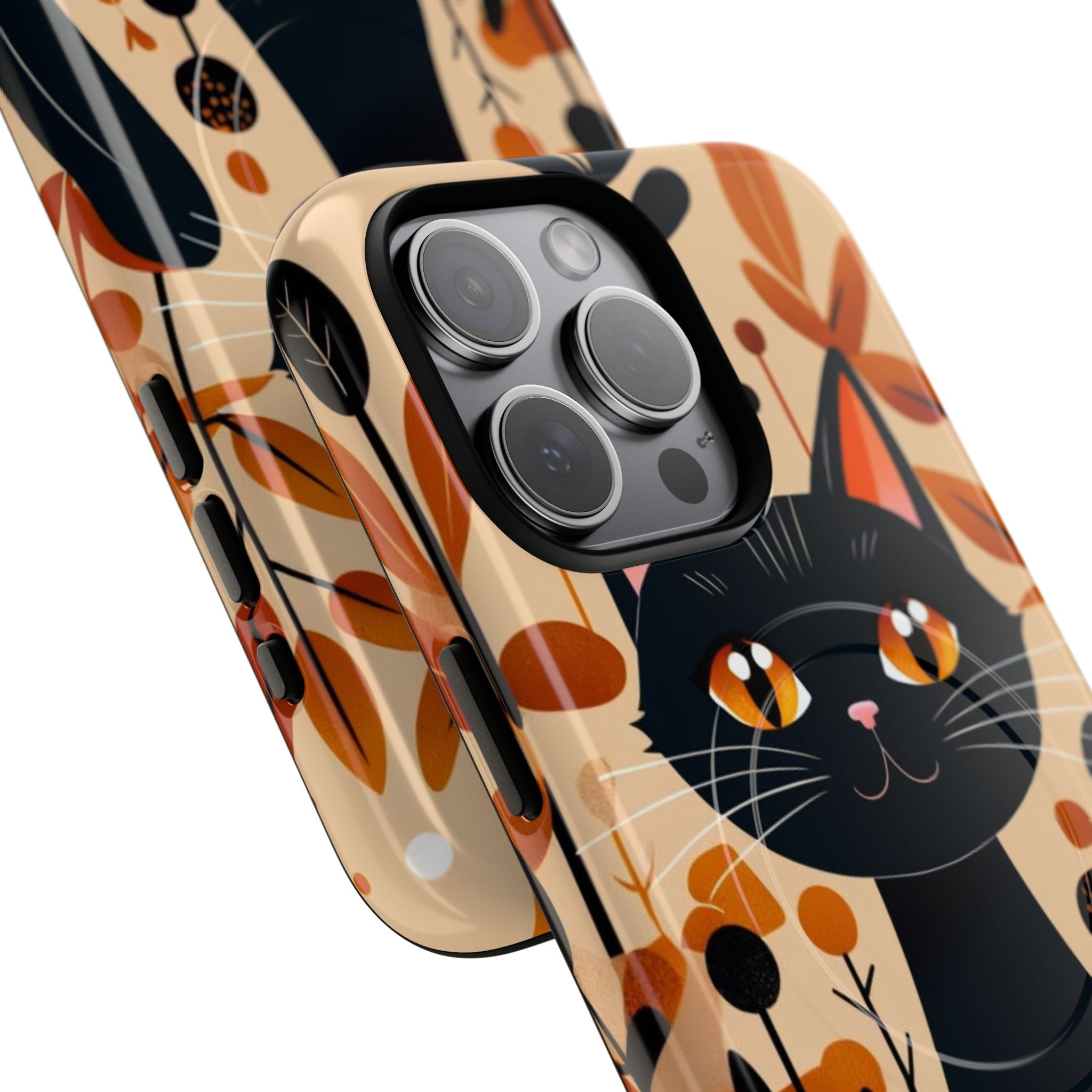 Whimsical Cartoon Black Cat Surrounded by Stylized Plants Mobile Wallpaper iPhone 15 - Tough+