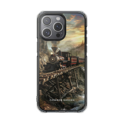 Vintage Steam Train Crossing Mountain Bridge iPhone 15 - Clear Impact Phone Case