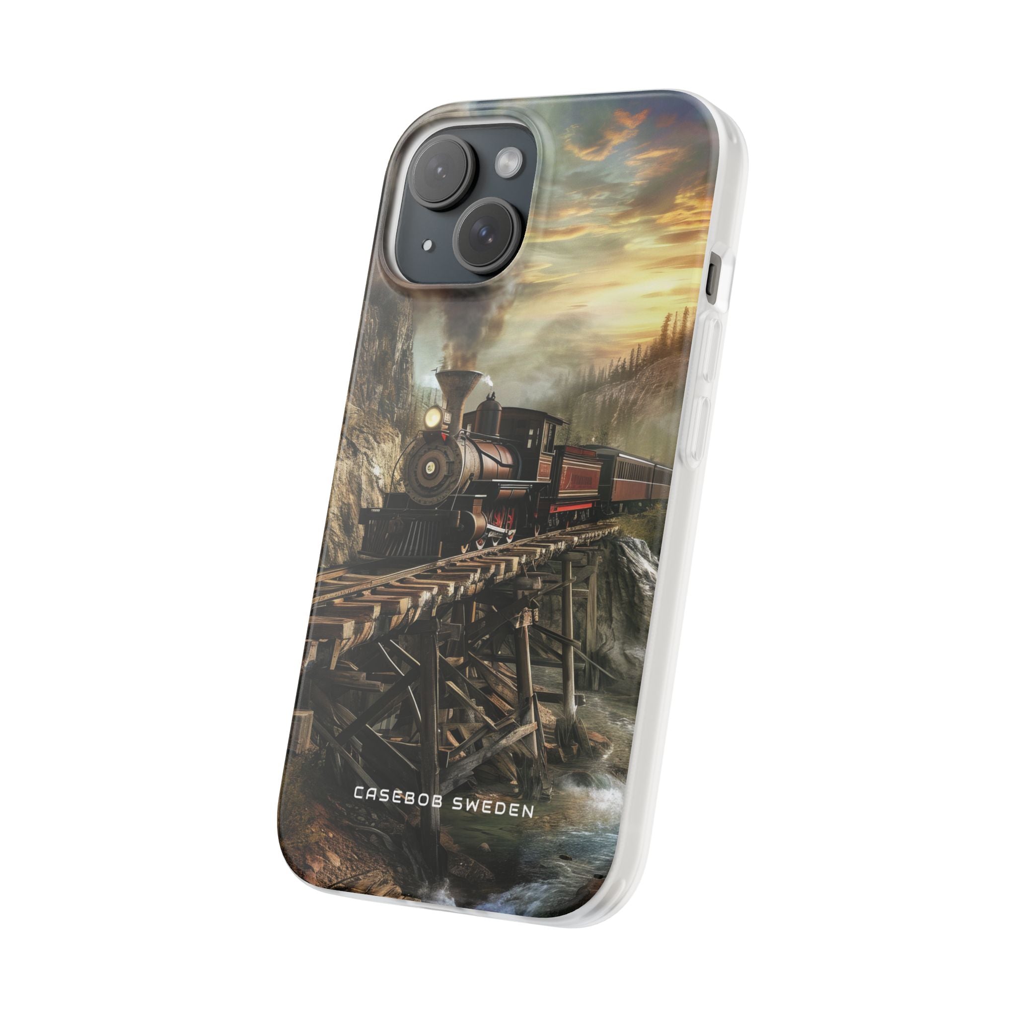 Vintage Steam Train Crossing Mountain Bridge iPhone 15 - Flexi Phone Case