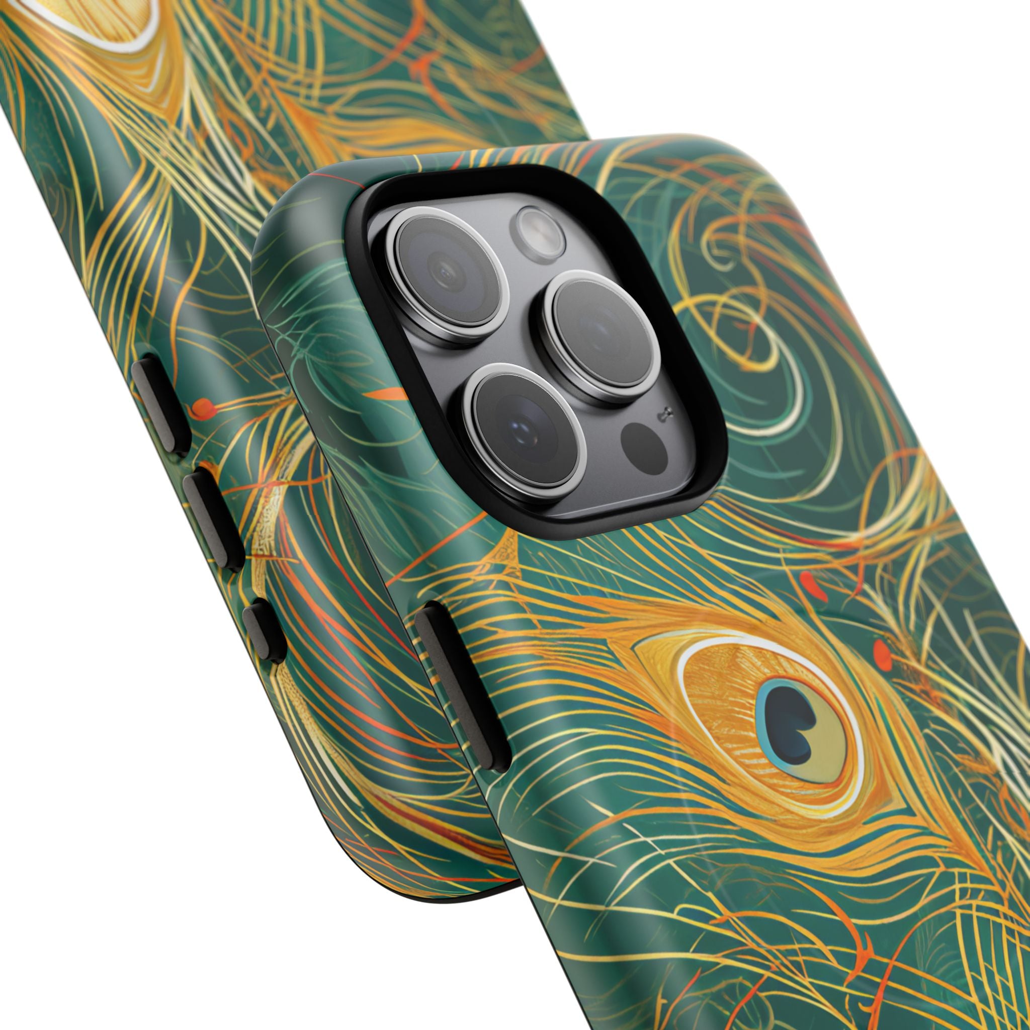 Peacock Elegance in Teal and Gold iPhone 15 | Tough+ Phone Case