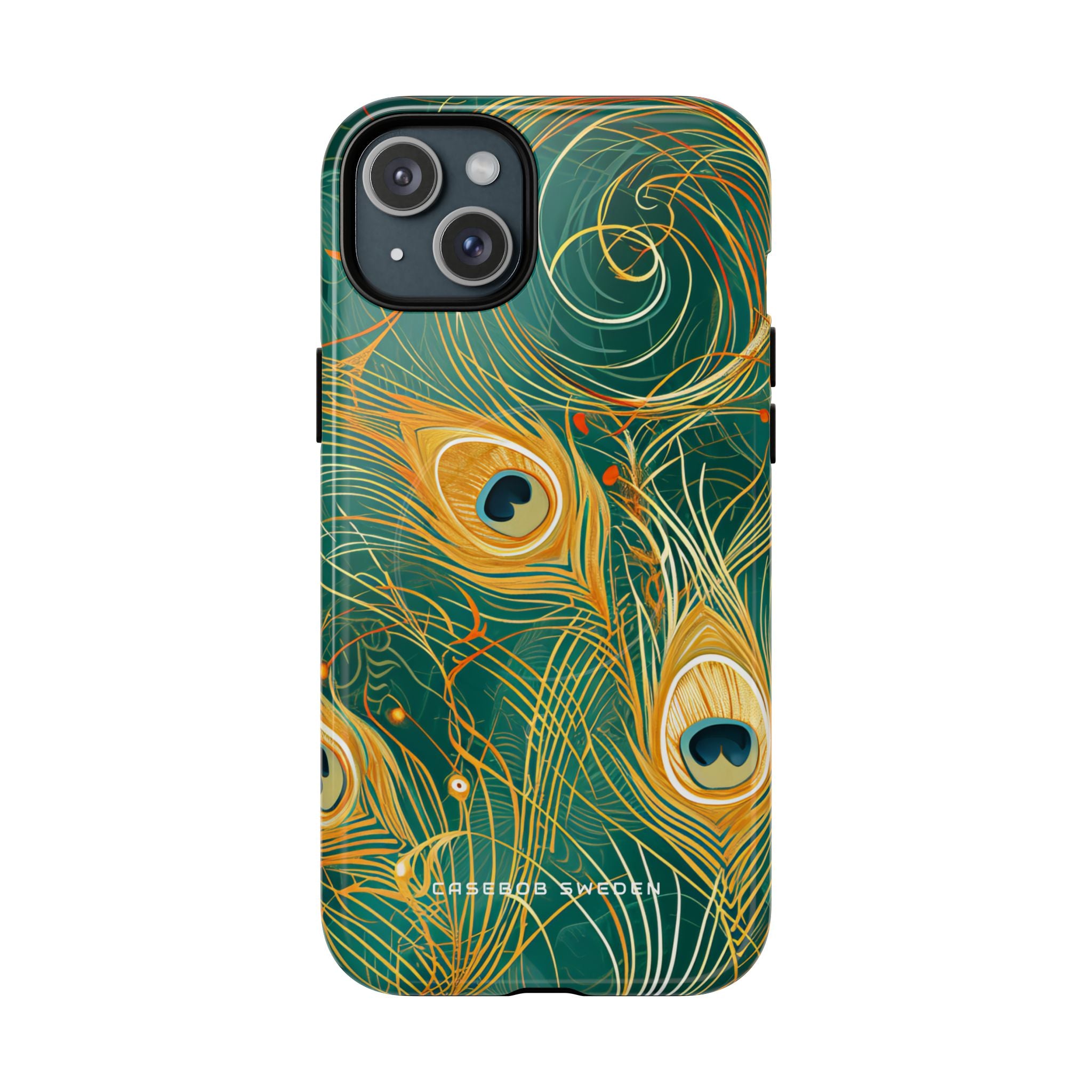 Peacock Elegance in Teal and Gold iPhone 15 | Tough+ Phone Case