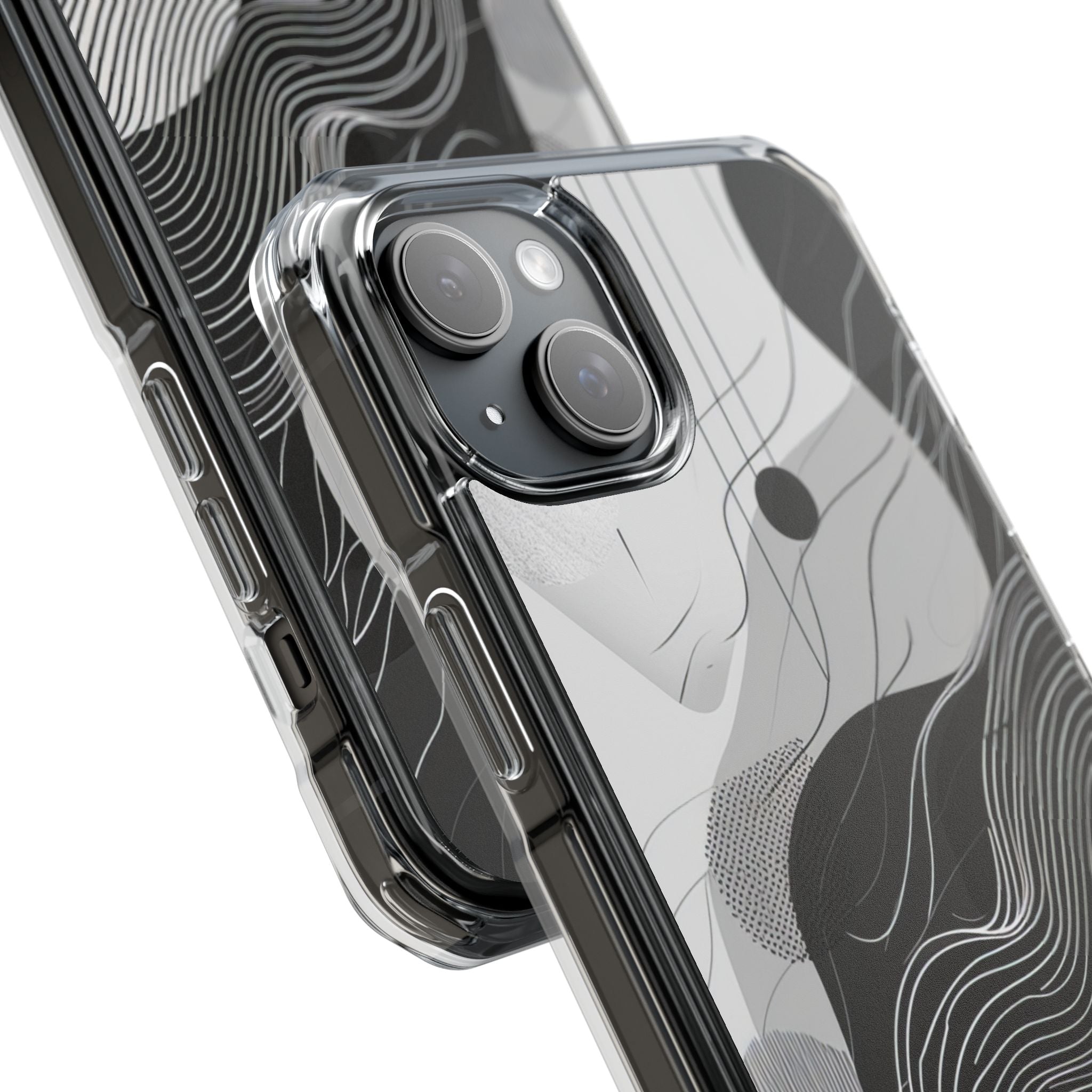 Fluid Rhythms: Monochrome Line Flow iPhone 15 - Clear Impact Phone Case