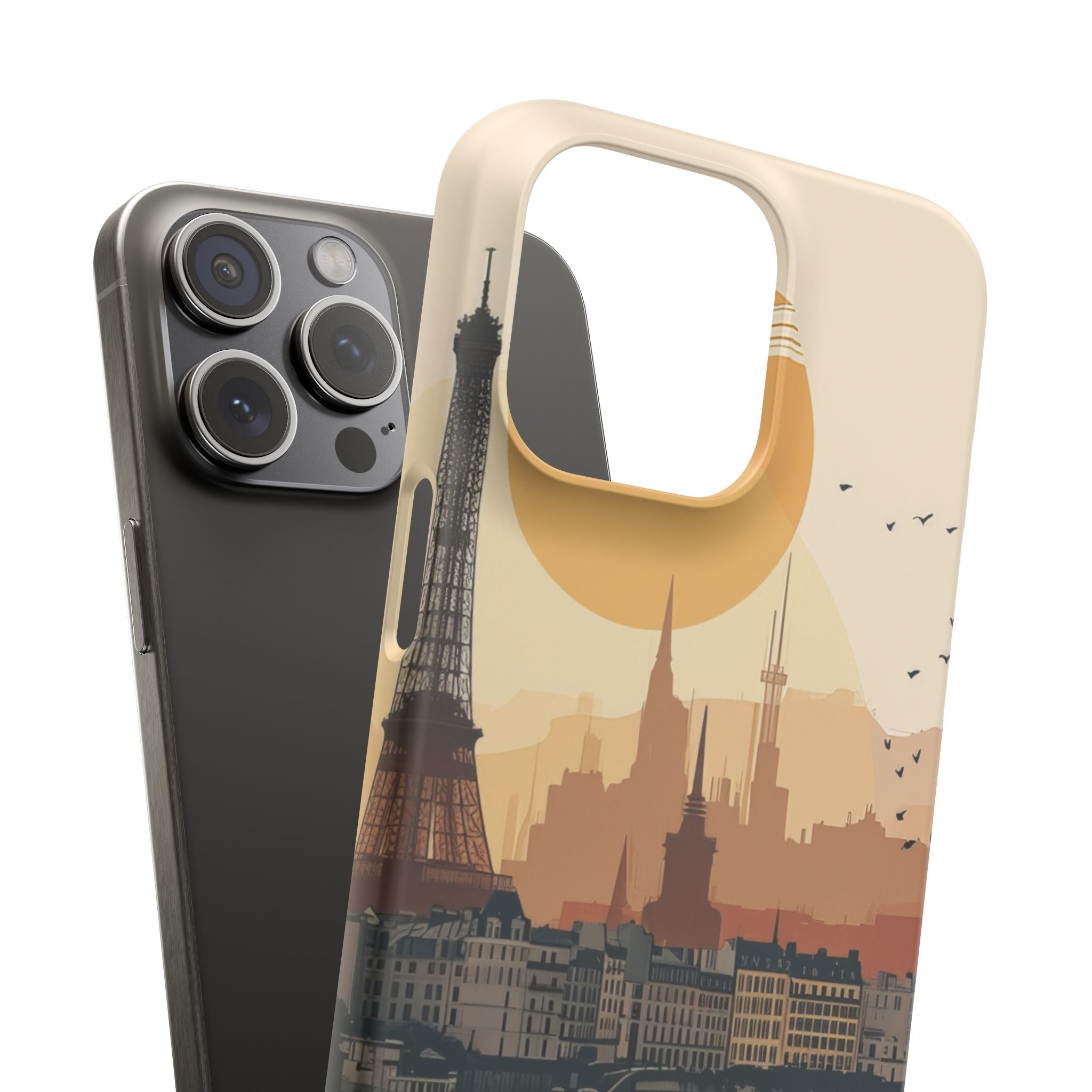 Eiffel Tower Silhouette with Birds and Sun Reflection iPhone 15 - Slim Phone Case