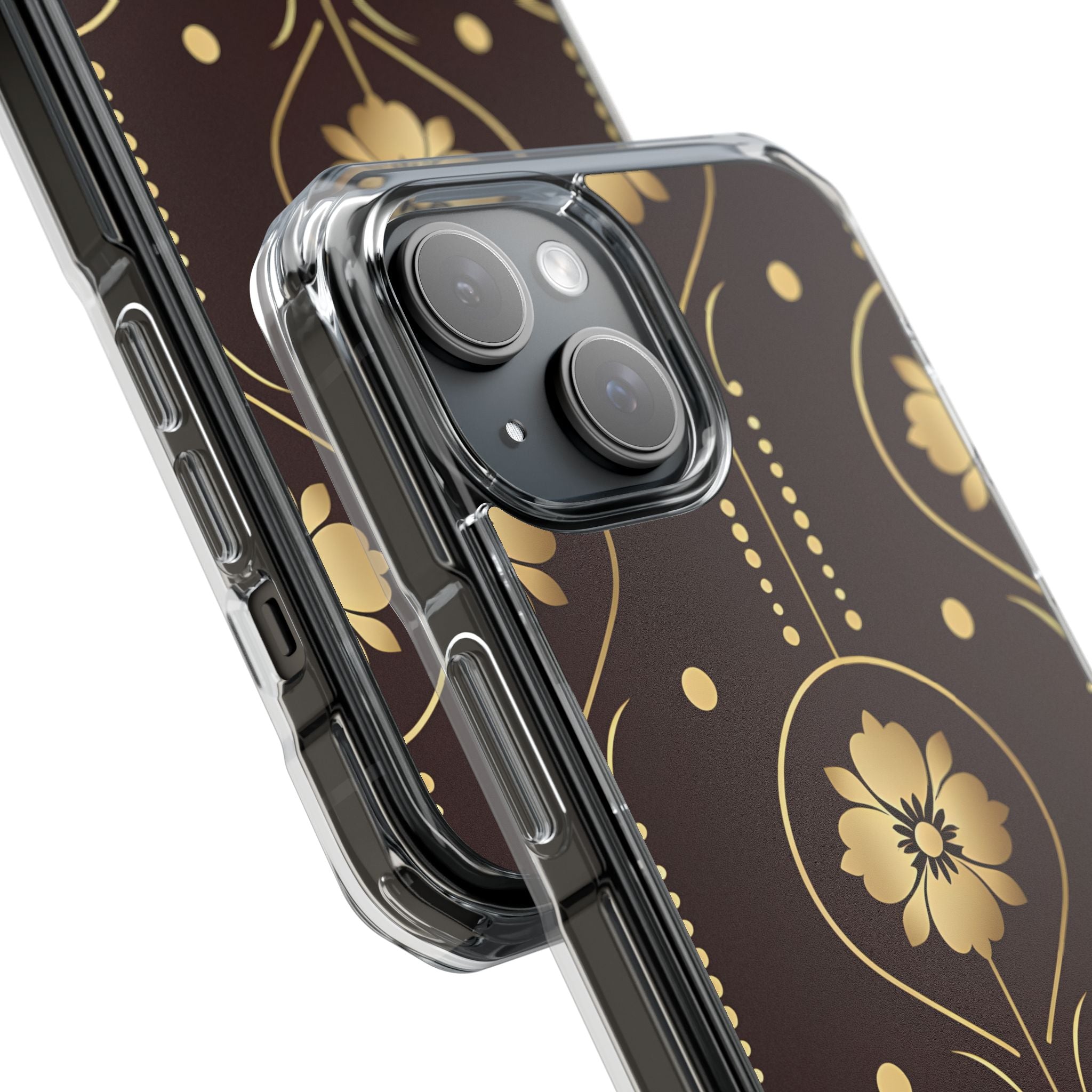 Elegant Gold Floral Symmetrical on Dark Brown iPhone 15 - Impact Clear+