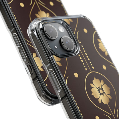 Elegant Gold Floral Symmetrical on Dark Brown iPhone 15 - Impact Clear+