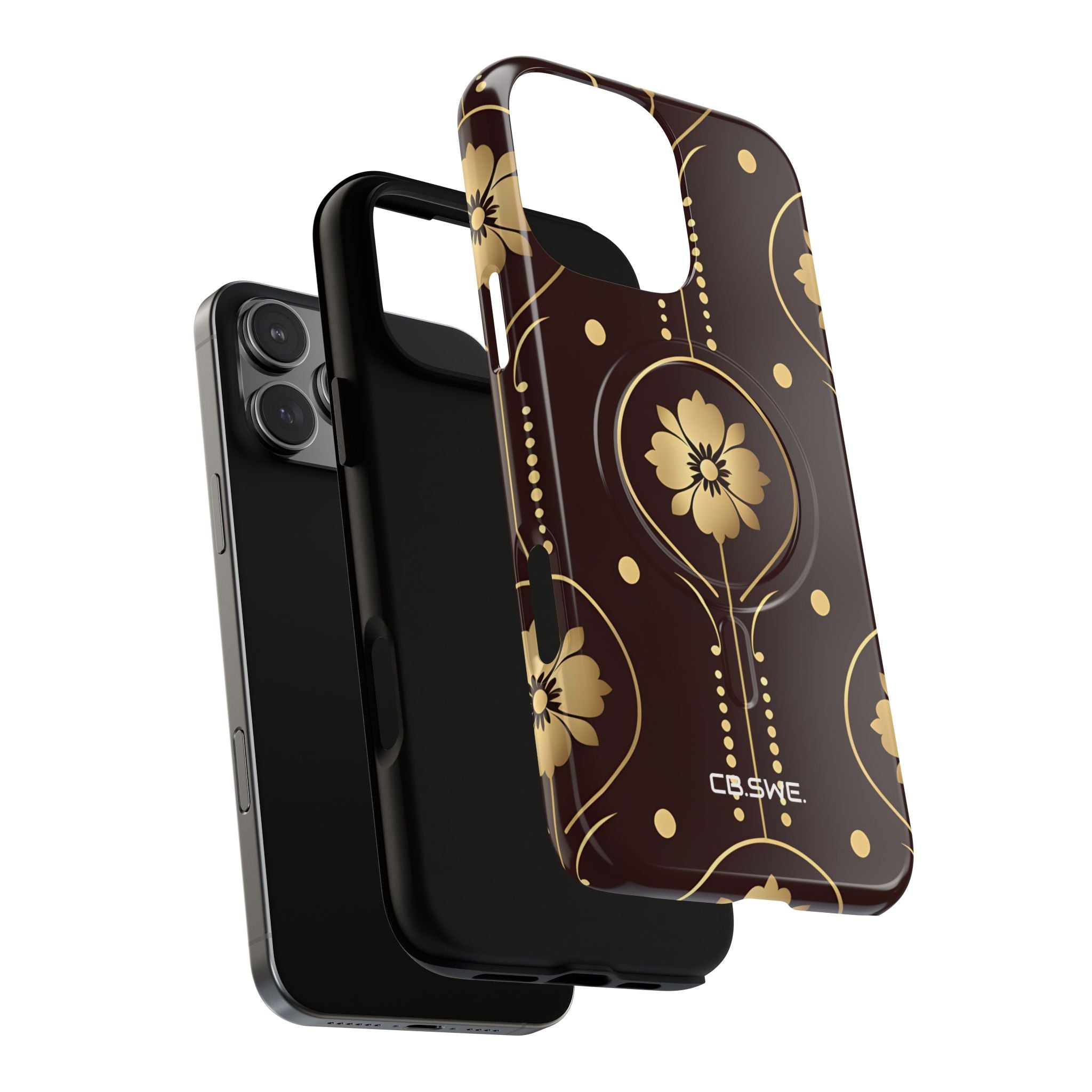 Elegant Gold Floral Symmetrical on Dark Brown iPhone 16 - Tough+
