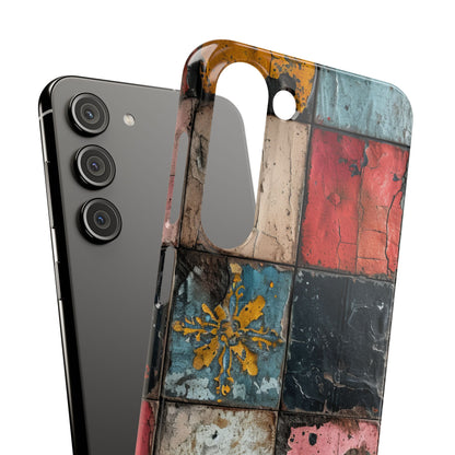 Rustic Red-Yellow Vintage Tiles - Slim Samsung S23 Phone Case