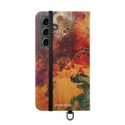 Kultaiset lohikäärmeet liekeissä - Samsung S24 -lompakkokotelo