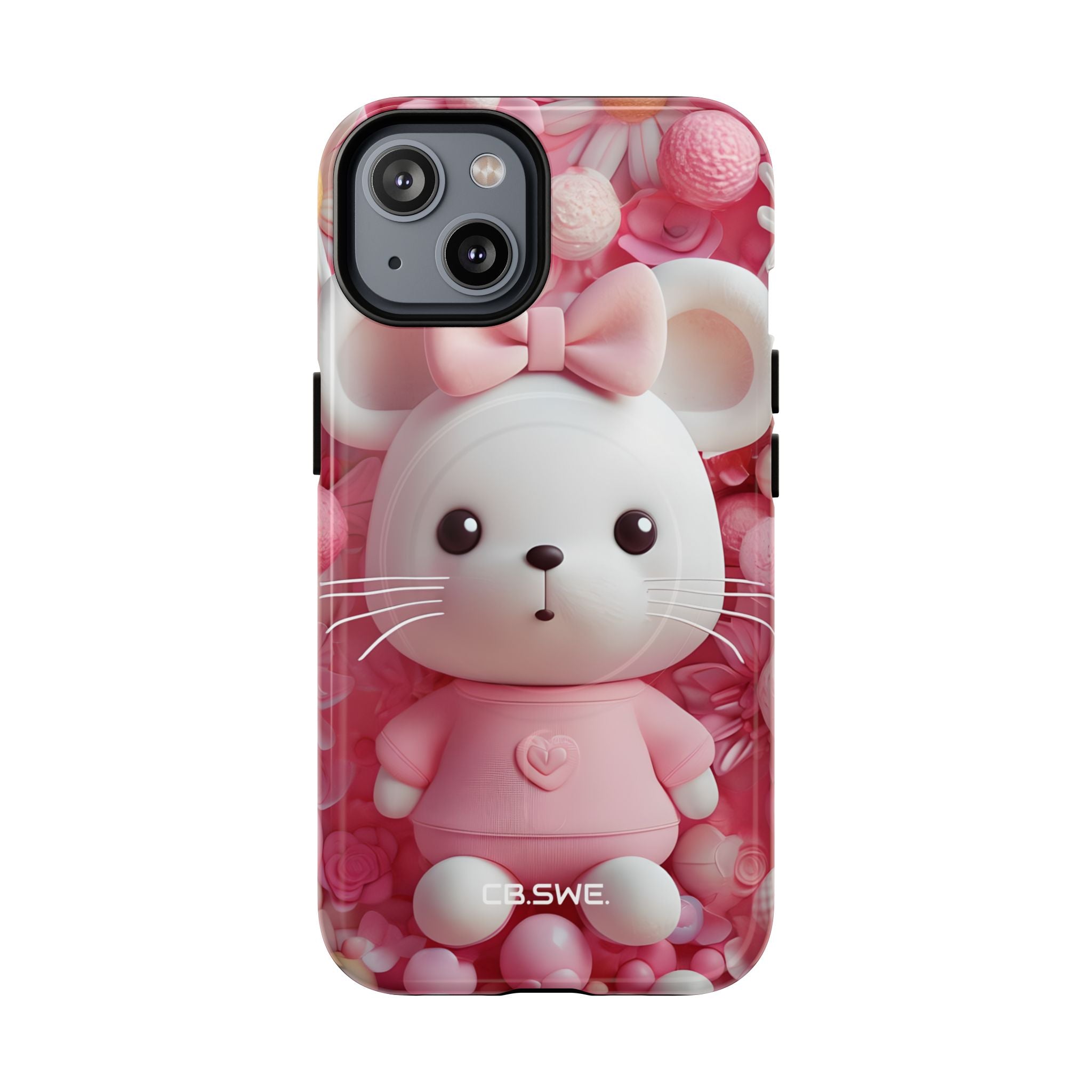 Adorable 3D Rendered White Mouse Plush Toy Floral iPhone 14 - Tough+
