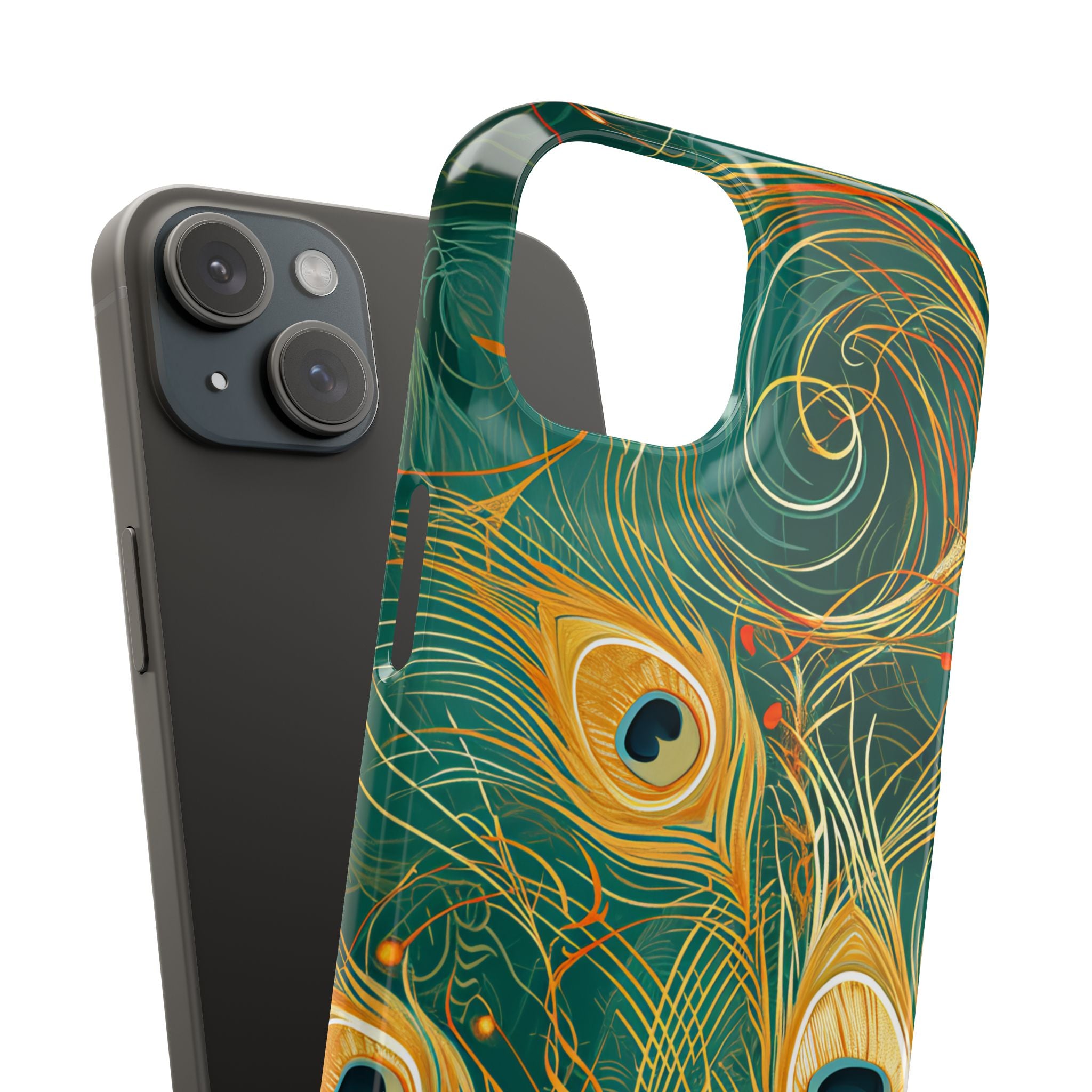 Peacock Elegance in Teal and Gold iPhone 15 - Slim Phone Case